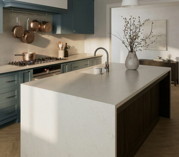 Soft Sand Silestone waterfall island with a wood base