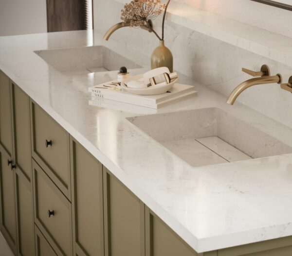 Soft Sand Silestone vanity top and rectangular basin detail